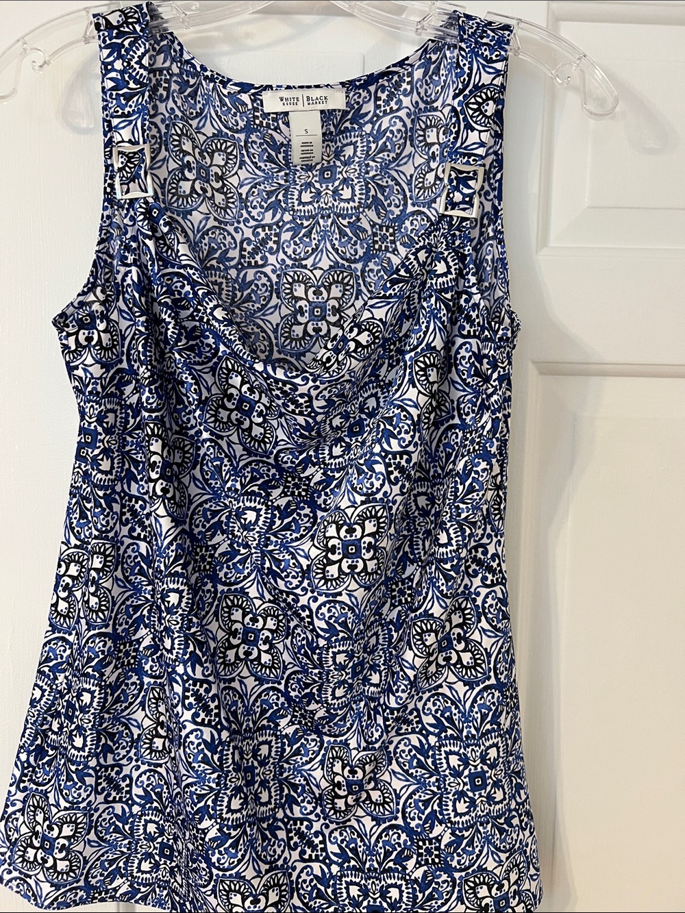 White House Black Market Blue & White Printed Cowl Neck Tank